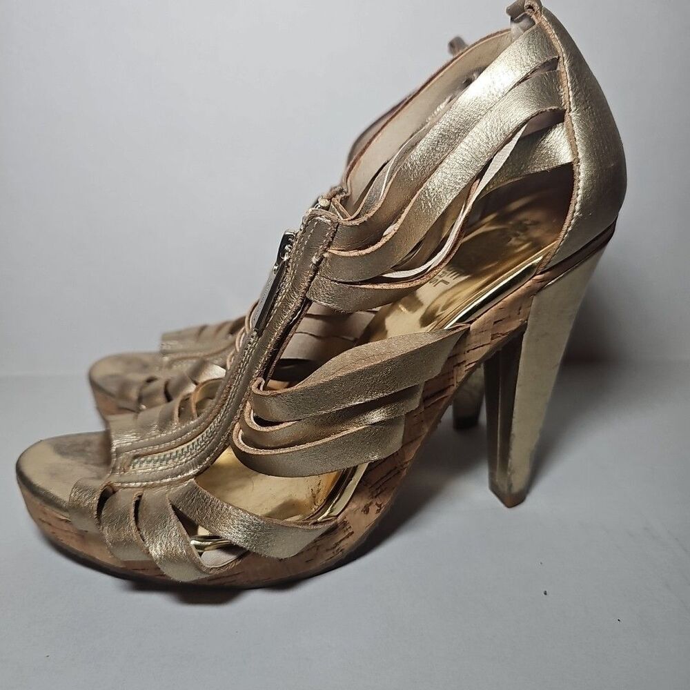 Women's Michael Kors Vintage Gold Leather Gladiator Pumps Cork Platform 8 - Picture 3 of 6
